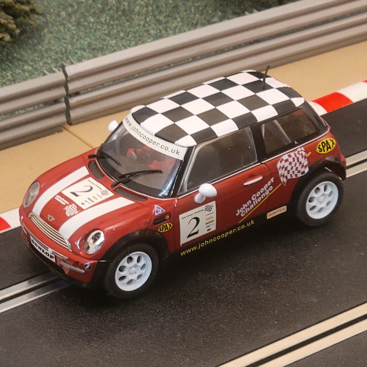 Scalextric 1:32 Car - Red BMW Mini Cooper With Chequered Roof #2 *LIGHTS* #Q