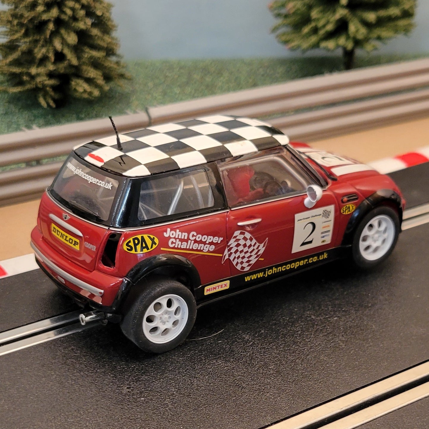 Scalextric 1:32 Car - Red BMW Mini Cooper With Chequered Roof #2 *LIGHTS* #A