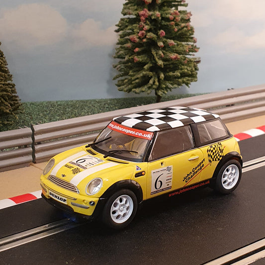 Scalextric 1:32 Car - C2485A Yellow BMW Mini Cooper Chequered *LIGHTS* #6 #J