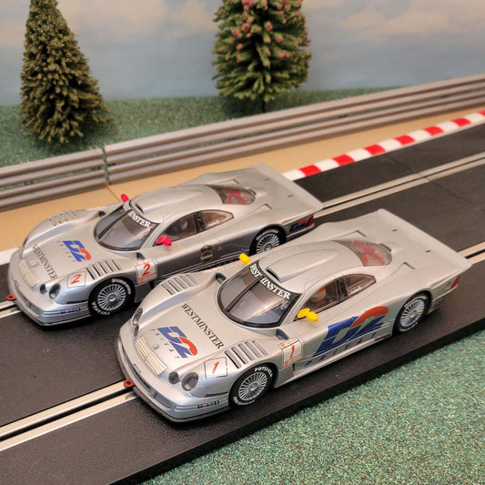 Scalextric 1:32 Pair Of Cars - C2081 C2082 Mercedes CLK Le Mans #1 #2