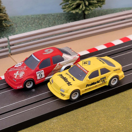 Micro Scalextric Pair 1:64 Cars - Yellow Mercedes #14 & Red Alfa Romeo #9 #A
