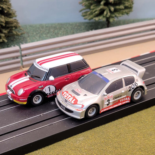 Micro Scalextric Pair 1:64 Cars - WRC Red Rally Mini #1 & Peugeot 206 #3