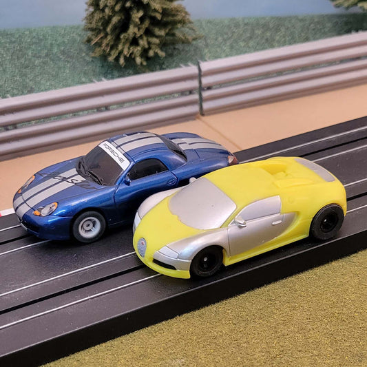 Micro Scalextric Pair 1:64 Cars - Blue Porsche Boxster & Bugatti Veyron