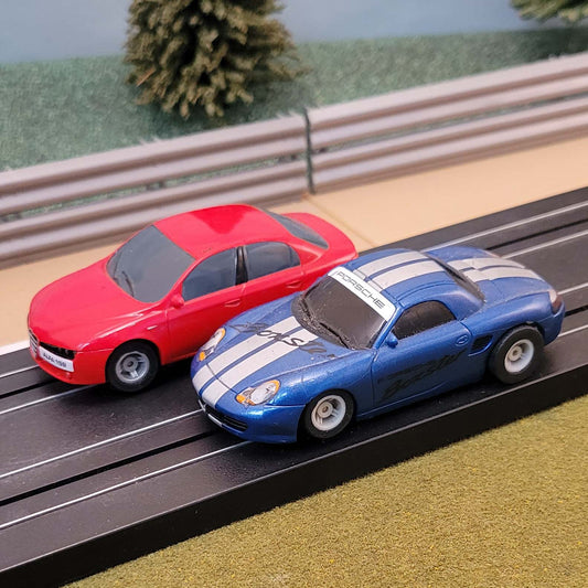 Micro Scalextric Pair 1:64 Cars - Blue Porsche Boxster & Red Alfa Romeo