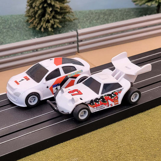 Micro Scalextric Pair 1:64 Cars - White Beach Buggy & Rally Car