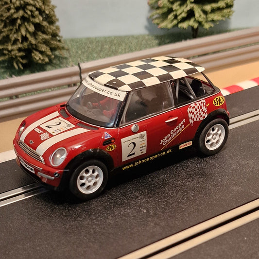Scalextric 1:32 Car - Red BMW Mini Cooper With Chequered Roof #2 *LIGHTS* #Z
