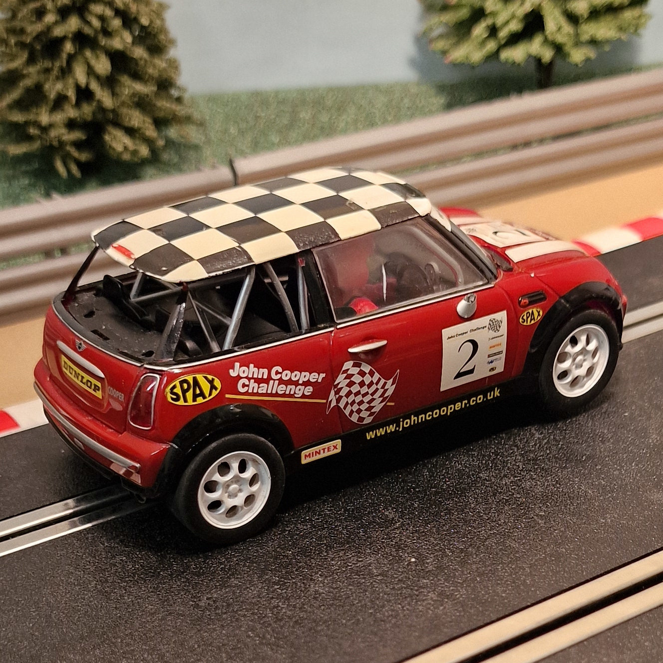 Scalextric 1:32 Car - Red BMW Mini Cooper With Chequered Roof #2 *LIGHTS* #Z