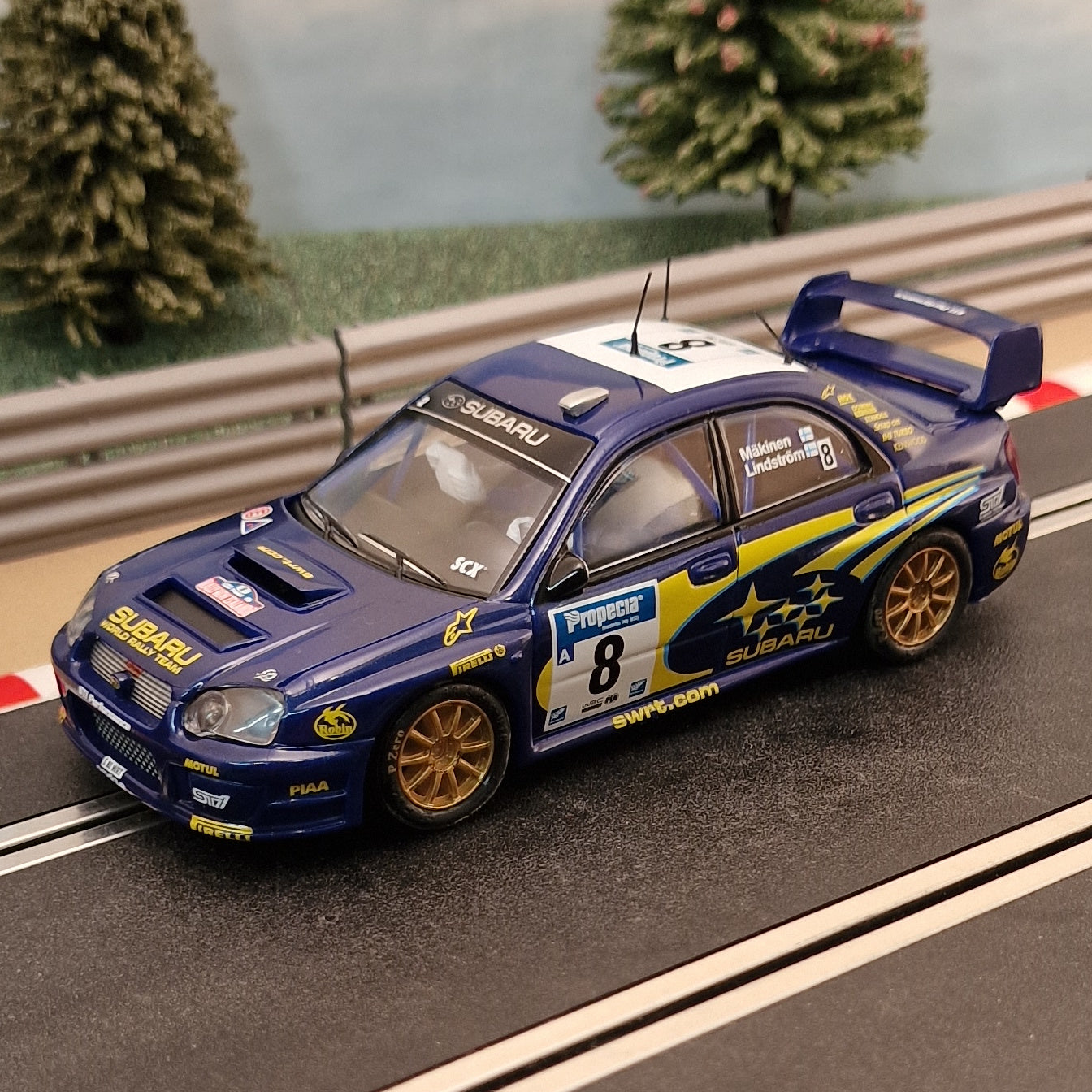 SCX 6123 Subaru Impreza WRC Makinen #8 - Scalextric Slot Car *LIGHTS*