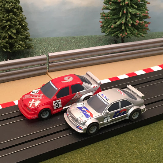 Micro Scalextric Pair 1:64 Cars - Silver Mercedes #1 & Red Alfa Romeo #9