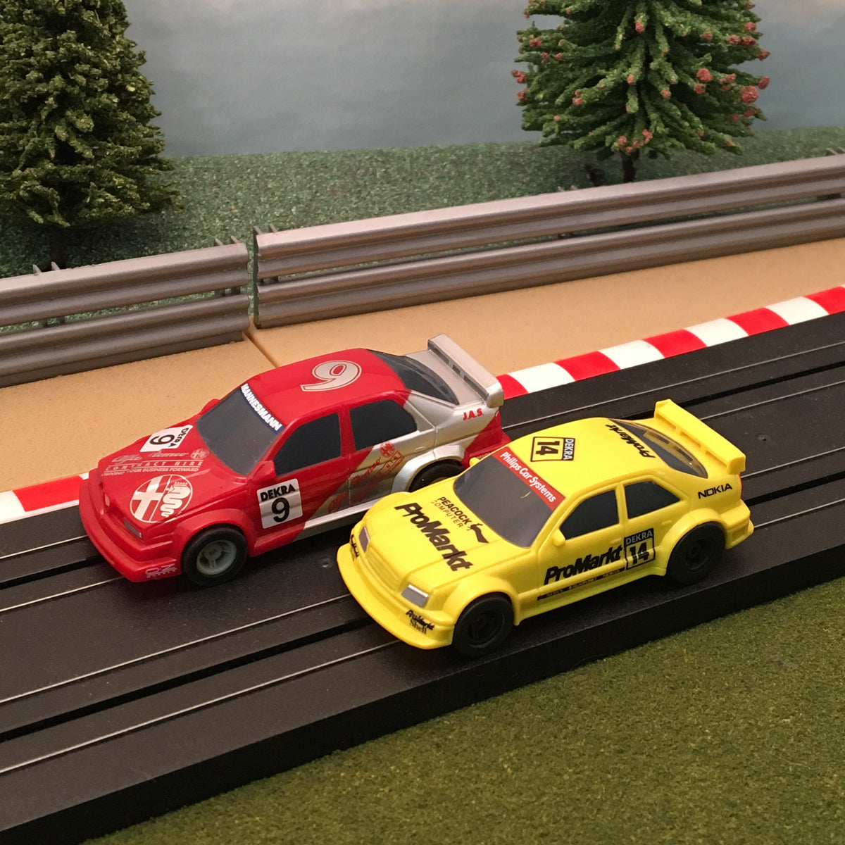 Micro Scalextric Pair 1:64 Cars - Yellow Mercedes #14 & Red Alfa Romeo #9