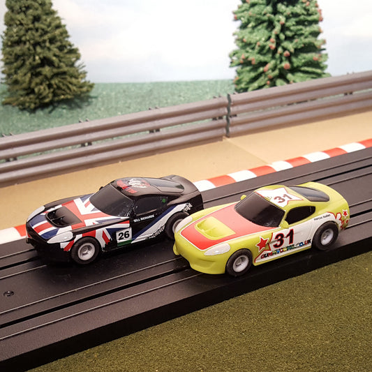 Micro Scalextric Pair 1:64 Cars - American Racers Bill Richards & Gummy Gums