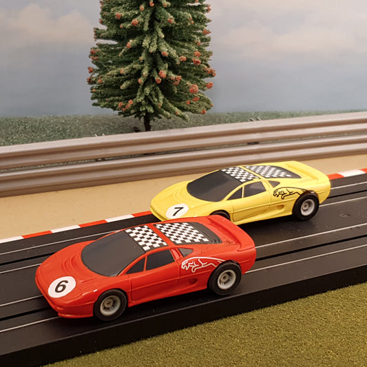 Micro Scalextric Pair 1:64 Cars - Red & Yellow Jaguar XJ220 #6 & #7