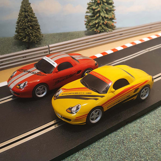 Scalextric 1:32 Pair Of Digital Cars - Red & Yellow With Stripes Porsche Boxsters